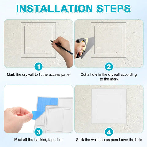 Installation steps for Five X Five Inch Self Adhesive Drywall Access Panel Smooth Peel And Stick Finish, showing marking and cutting process.
