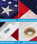 Close-up of Premium 3X5 Outdoor American Flag Made in USA With Embroidered Stars, double-stitched seams, brass grommets, and USA label.