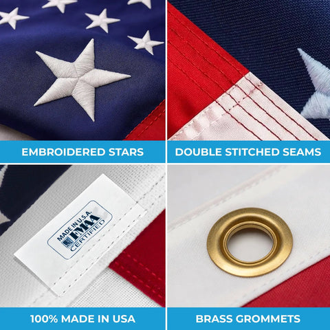 Close-up of Premium 3X5 Outdoor American Flag Made in USA With Embroidered Stars, double-stitched seams, brass grommets, and USA label.