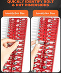 Red wall-mountable 57-piece nut and bolt thread checker with 21 standard, 17 metric gauges and 19 drill-bit gauges