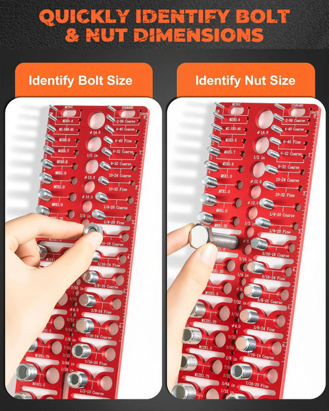 Red wall-mountable 57-piece nut and bolt thread checker with 21 standard, 17 metric gauges and 19 drill-bit gauges