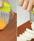 Two-piece crinkle cutter set with green handles and stainless steel blades for slicing potatoes, vegetables, and fruits.