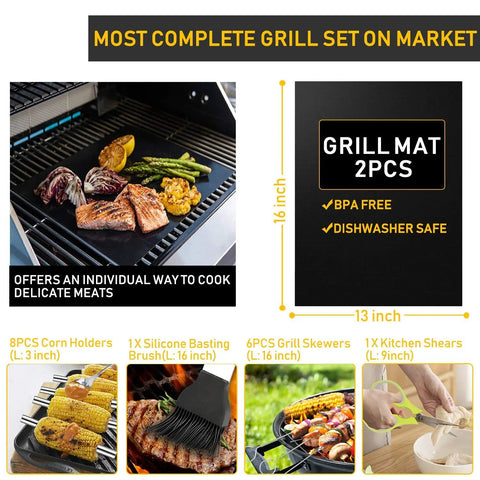 34 Piece Grill Accessory Set With Heavy Duty Stainless Steel Tools Built In Thermometer Grill Mats And Hanging Loops For Easy Storage