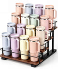 4 Tier Water Bottle Organizer Rack For 40oz Tumblers And Bottles, Carbon Steel Frame With Wooden Shelves, Stows Up To 16 Bottles