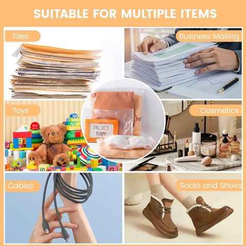 Image showing 50 Pack Clear Zipper Storage Bags 8x10 Inches Waterproof Reusable Travel Organizers for various items including files, toys, and cosmetics.