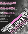 Side view of A/C leak-stop injection syringe with pink tubing and metal fittings, 0.2 fl oz