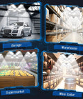 Two Pack 200W Ceiling LED Garage Lights With Six Adjustable Panels Deliver 20000 Lumens Of 6500K Daylight Brightness in garage, warehouse, supermarket, and wine cellar