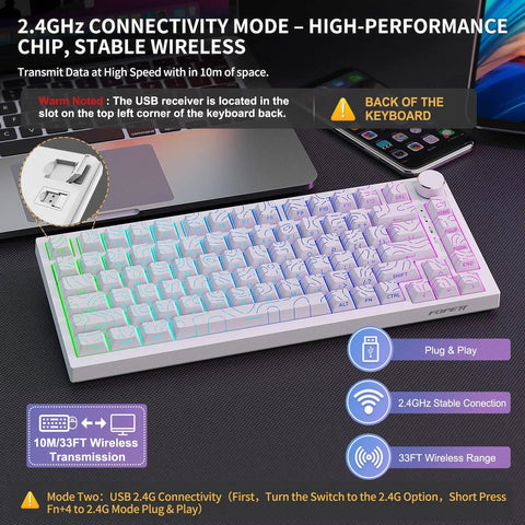 Fresh White 75 Percent Wireless Mechanical Keyboard With Volume Dial Knob And Hot Swap Sockets Tri Mode Bluetooth Usb C Wired Rgb Backlit Top Shelf Desk Essential showcasing 2.4GHz connectivity features.
