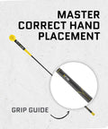 Gold Flex Golf Swing Trainer And Warm Up Stick with close-up of grip guide for correct hand placement, boosting tempo and distance.