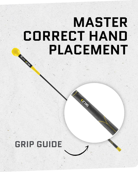 Gold Flex Golf Swing Trainer And Warm Up Stick with close-up of grip guide for correct hand placement, boosting tempo and distance.