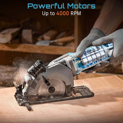 Seesii mini circular saw with laser guide, corded 4-1/2 inch blade, 4.8A, 4000 RPM, includes 3 blades and rip guide