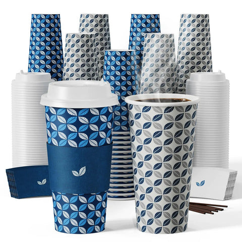 20 Oz Disposable Coffee Cups With Lids, Sleeves Set ✓