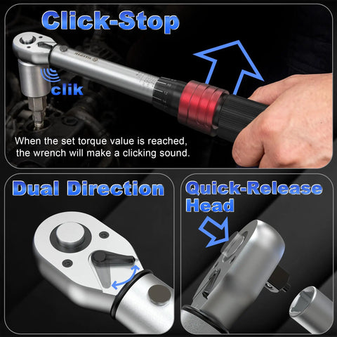 User adjusts Nine Piece Torque Wrench Set With 1/4 3/8 1/2 Inch Drives, 20-220 Inlb And 5-45 And 10-170 FtLb Ranges, chrome plated