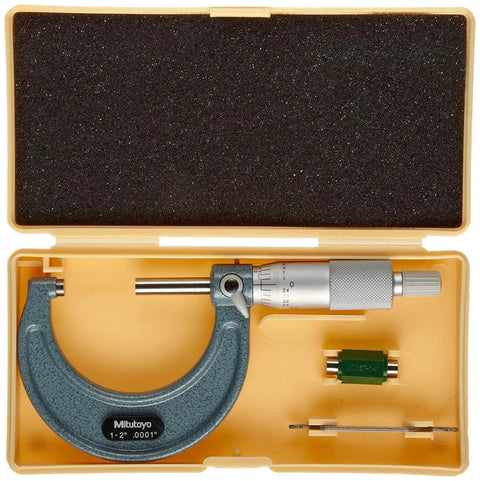 Outside Micrometer With Ratchet Stop For Consistent OD Readings, 1 To 2 Inch Range, inside yellow case with accessories