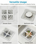 Fifty Pack Disposable Shower Drain Hair Catcher Stickers in various drain applications including shower, bathtub, and kitchen sink.