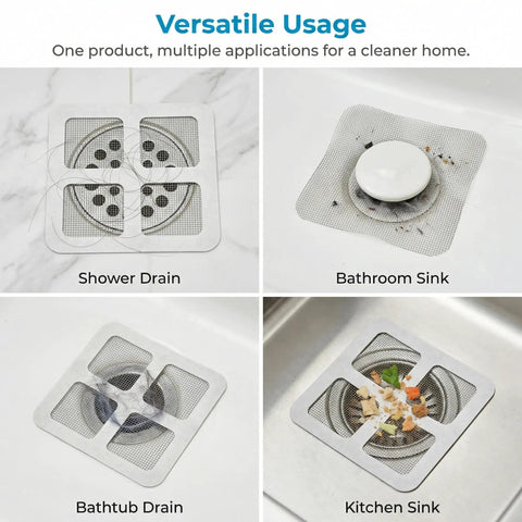 Fifty Pack Disposable Shower Drain Hair Catcher Stickers in various drain applications including shower, bathtub, and kitchen sink.