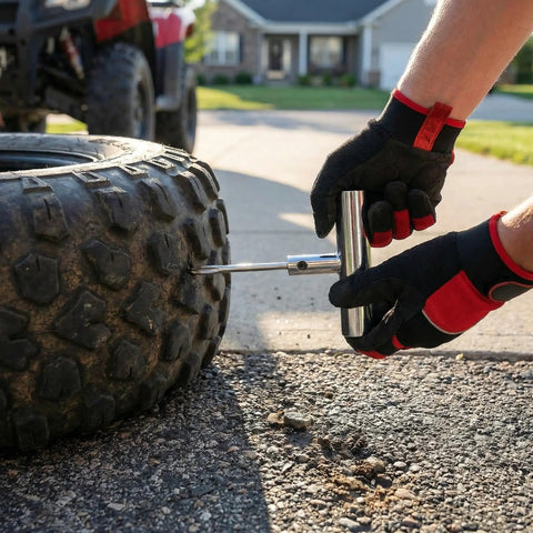 Person using steel tool from Badass Heavy Duty 31 Piece Flat Tire Repair Kit on ATV tire for quick roadside fix.