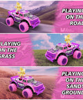 Pink Purple 1:20 Scale RC Monster Truck With LED Lights And DIY Windmills driving on road, grass, and sand