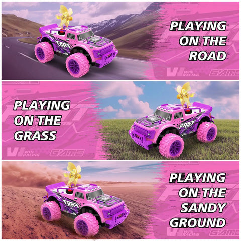 Pink Purple 1:20 Scale RC Monster Truck With LED Lights And DIY Windmills driving on road, grass, and sand