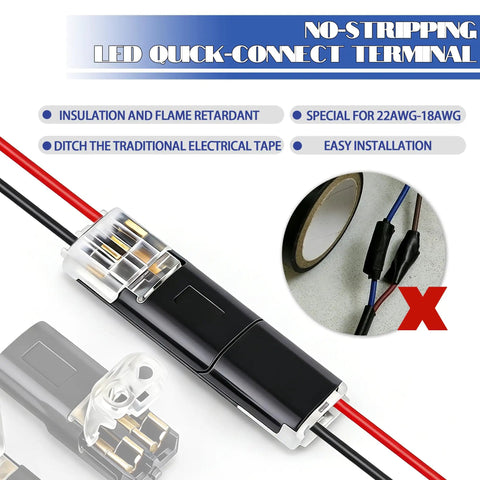 30 Pack Double Wire Plug In LED Light Strip Connectors 2 Pin Quick Connect Push In Low Voltage Lock Grip visible with wiring