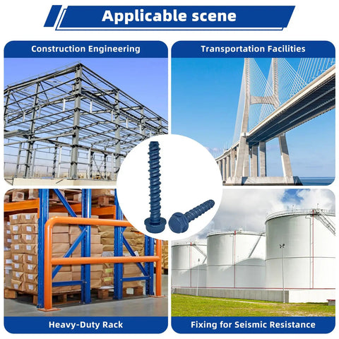 Beefy Half Inch By Five Inch Concrete Screw Anchor Kit with Drill Bit and Hex Driver shown in construction, transport, and industrial use.