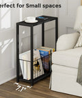 Slim End Table With Magazine Holder And Iron Storage Basket Quick Fix For Tight Squeeze And Tiny Pad Or Dorm Room Accent Furniture Solid Build And Easy Setup, black table with basket holding books.