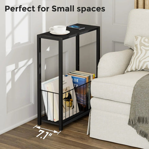 Slim End Table With Magazine Holder And Iron Storage Basket Quick Fix For Tight Squeeze And Tiny Pad Or Dorm Room Accent Furniture Solid Build And Easy Setup, black table with basket holding books.