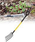 Versatile 46 Inch Garden Fork With Y Grip, Four Tines, shown against a garden backdrop, iron construction
