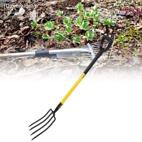 Versatile 46 Inch Garden Fork With Y Grip, Four Tines, shown against a garden backdrop, iron construction