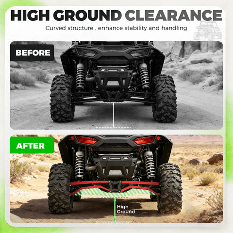 Red Rear Radius Arms For Polaris RZR XP 1000 And XP 4 1000 Beefy Heavy Duty Steel With Adjustable Heim Joints, High Clearance, Boxed Design For Maximum Tire Grip, Precise Suspension Geometry And Smoother Off Road Handling installed on UTV rear suspension, high ground clearance