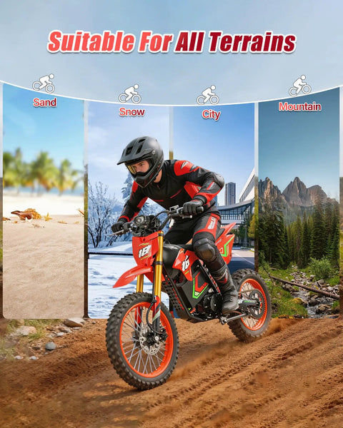 Off Road Electric Dirt Bike For Adults With 6000W Peak Mid Drive Motor 46 MPH Top Speed on sand, snow, city, and mountain trails