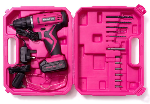 Pink Cordless Drill Set For Women, 12V Rechargeable Li-Ion Battery Kit With Storage Case, Bits, Drills And Safety Glasses