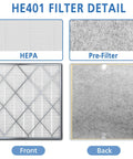 HE401 Filter For Air Purifier 4 Series True HEPA H13 Replacement showing HEPA and pre-filter details