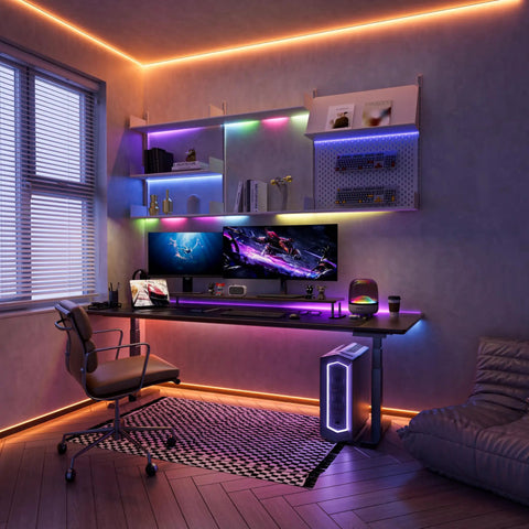 Room with Dotless RGB LED Strip Lights With Smart IC Addressable COB Tape 16.4ft Flexible Chasing Color Changing 24V setup