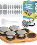 Six Pack Reusable Stainless Steel Nespresso OriginalLine Pods With 100 Lids And Wood Storage Tray Refillable Coffee Capsules