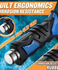 Close-up of ergonomic non-slip grip on scuba diving knife with leg straps and sheath, corrosion-resistant rubber handle.