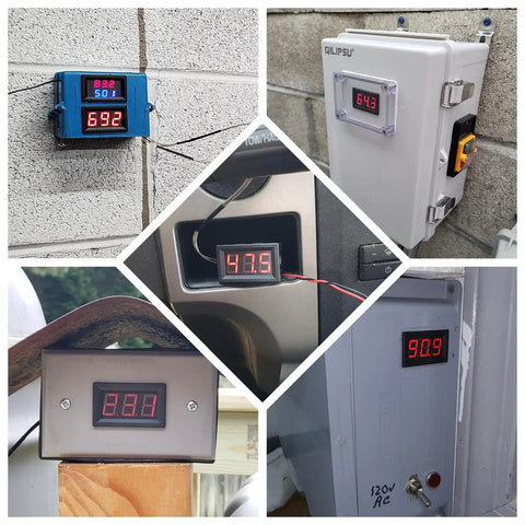 Collage of 12V Red Fahrenheit Digital Temperature Meter with Bright LED Readout installed in various industrial settings.