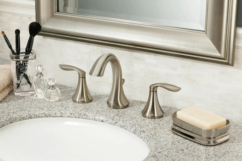 Eva Brushed Nickel Two Handle High Arc Widespread Bathroom Faucet With No Fuss 8 To 16 Inch Install For 3 Hole Sink Setup Drain Trim Valve Required 9000 on granite countertop with soap dish