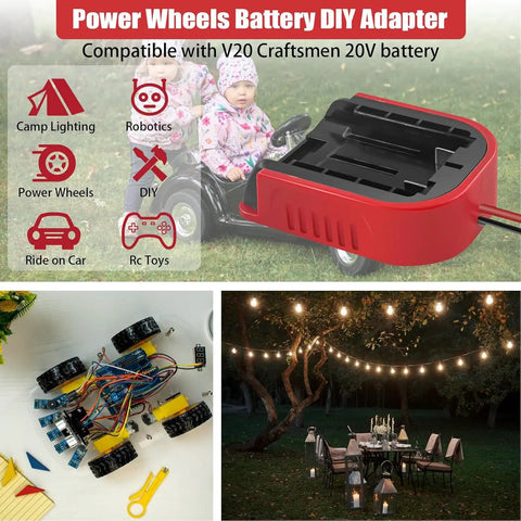 2 Pack Power Wheel Battery Adapter For V20 20V Li Ion Batteries, shown in DIY ride-on car and robotics projects, with control switch.