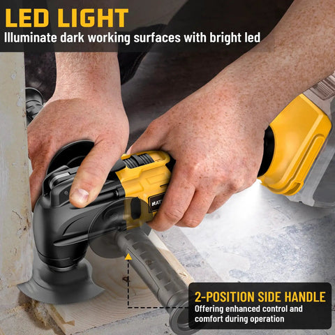 Hands holding Cordless Oscillating Multi Tool 20V Brushless Power Tool for wood metal drywall cutting, LED light feature visible.