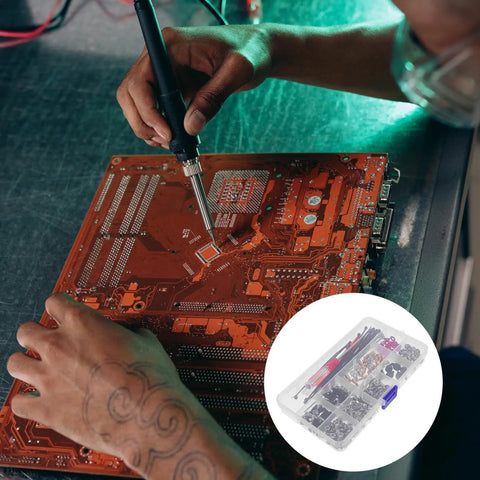 Technician using soldering iron with 332 Piece Computer Repair Screws Kit Iron Nickel Plated Small Machine Screws case beside