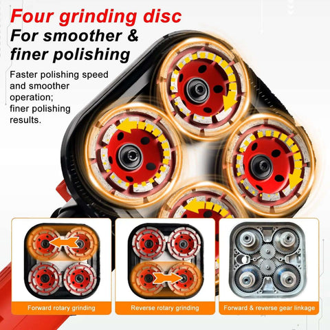 Close-up of four grinding discs on Beefy 3600W Four Head Concrete Grinder With LED Light And Full Copper Motor Electric Floor Polisher