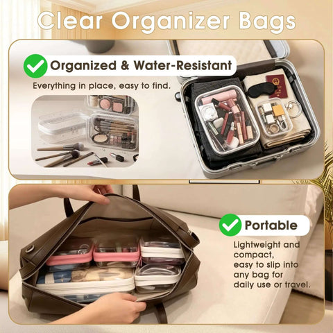 Hella Organized Travel Toiletry Bag Set Includes Four Clear Hard Shell Zipper Pouches For Cosmetic Makeup Organizer And Diaper Bag Portable Packing Essentials in a tote.