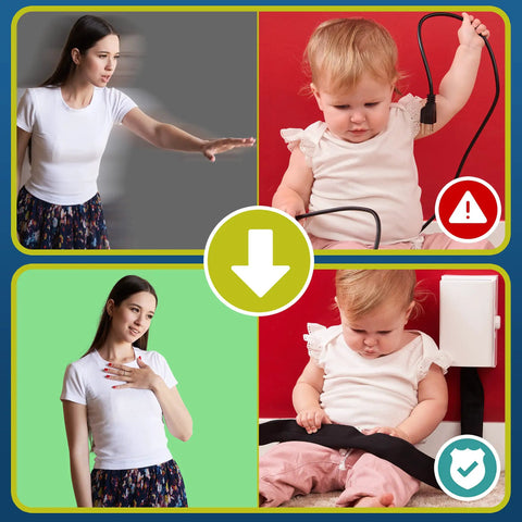 Comparison of baby with loose cords and secured cords using Baby Proof Cable Covers For Wires And Cables, Flexible Cut-To-Fit Neoprene Sleeves To Tidy Up Cords Behind Your TV Stand, Desk Or Entertainment Center, DIY Wire Management For Home Office.