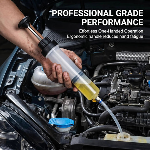 Heavy Duty Manual Fluid Extractor Pump 200cc Oil Suction Syringe With Dual Tubing Set For No Sweat Brake And Power Steering Fluid Transfers Leak Tight Tool For Road Warriors in use under a car hood.