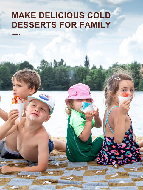 Kids enjoying summer snow cones by the beach, illustrating Top Tier Slushie Machine And Snow Cone Maker For Cold Brew Slush Blasts And Block Party Vibes Shaved Ice Treats.