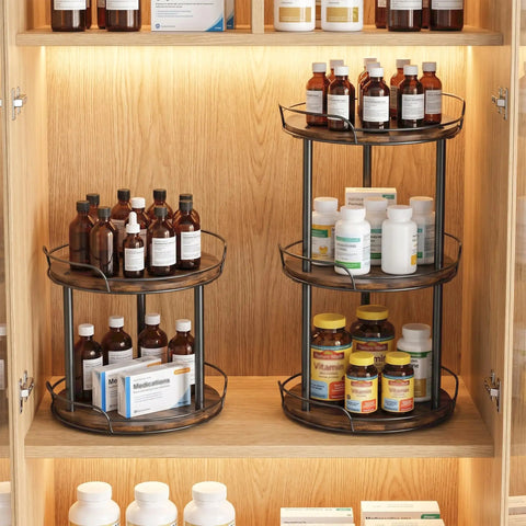 Dual Deck Lazy Susan Rotating Turntable Cabinet Organizer For Kitchen Spice Rack And Bulk Condiment Storage Rolls Super Smooth Ball Bearing Spin storing bottles on wooden shelves.