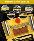 Pro Grade Tire Repair Kit With Plugs For Punctures And Flats, including tire tools and plugs in open yellow case