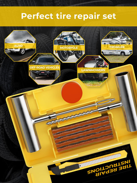 Pro Grade Tire Repair Kit With Plugs For Punctures And Flats, including tire tools and plugs in open yellow case