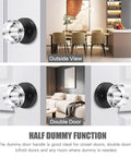 Two Pack Glass Black Dummy Door Knobs With Crystal Clear Interior Trim, Round vintage Style Matte Black Dummy Door Handle For Hallway, Closet, Pantry, French Doors, Non Turning Interior Hardware shown in various door settings.